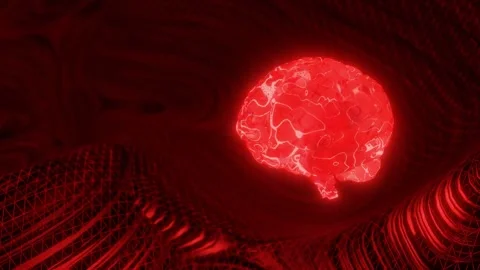 Glowing red human brain above abstract digital mesh background. Artificial Stock Footage 311006286