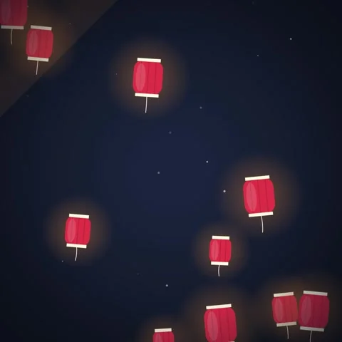Glowing Red Lanterns Floating in Night Sky - Festive Celebration Background Stock Footage 348199552