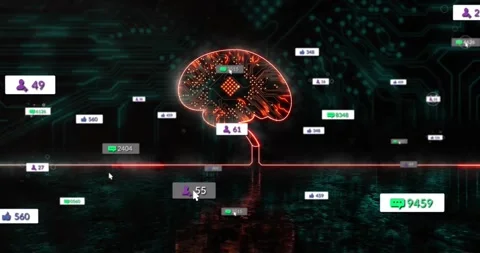 Glowing red line starting neon brain lighting while icons pulsing around rising Stock Footage 317184423