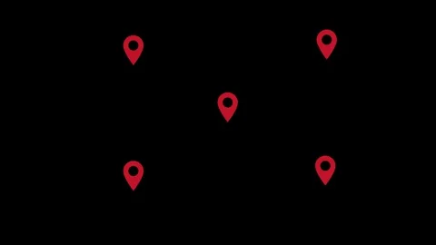 Glowing red location pin markers pulsate on black Video stock 342952565