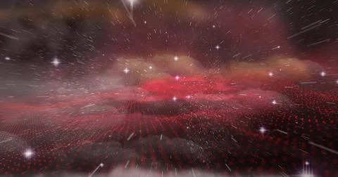 Glowing red nebula hovering over red dotted grid plane in outer space, with Stock Photos