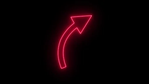Glowing red neon curved arrow pointing up on black background Stock Footage 345705444