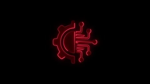 Glowing red neon digital gear icon appearing on black background representi.. Stock Footage 345549672