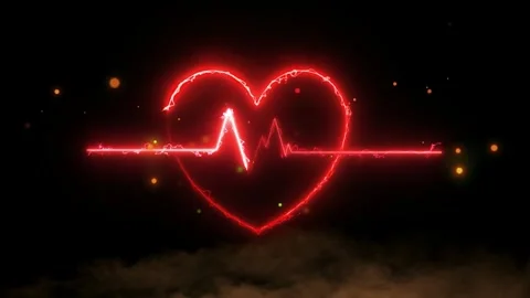 Glowing red neon heart beat pulse symbols animated against dark background with 스톡 동영상 345334095