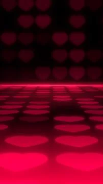 Glowing red neon hearts perspective grid dark floor background Stock Illustration