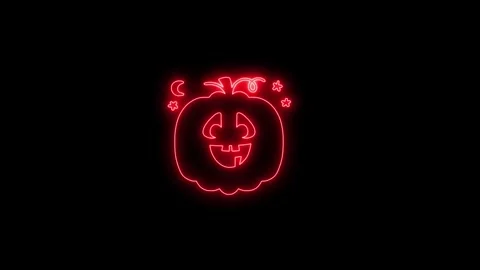 Glowing Red Neon Pumpkin Face Animation on Black Background 4K Stock Footage 341361079