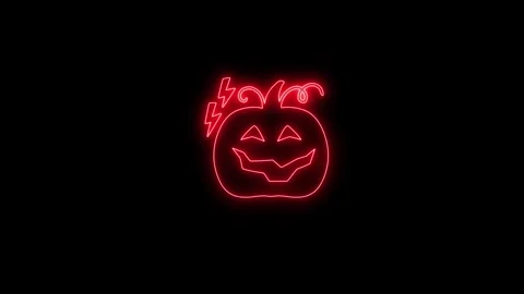 Glowing Red Neon Pumpkin Face Animation on Black Background 4K Stock Footage 341361084