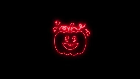 Glowing Red Neon Pumpkin Face Animation on Black Background 4K Stock Footage 341361087
