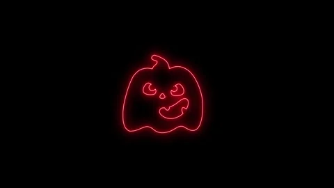 Glowing Red Neon Pumpkin Face Animation on Black Background 4K Stock Footage 341361090