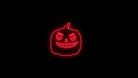 Glowing Red Neon Pumpkin Face Animation on Black Background 4K Stock Footage 341361091