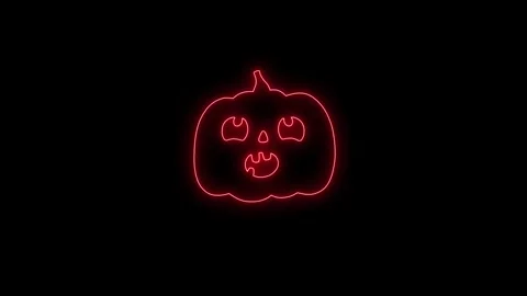 Glowing Red Neon Pumpkin Face Animation on Black Background 4K Stock Footage 341361096
