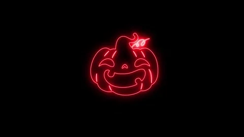Glowing Red Neon Pumpkin Face Animation on Black Background 4K Stock Footage 341361114