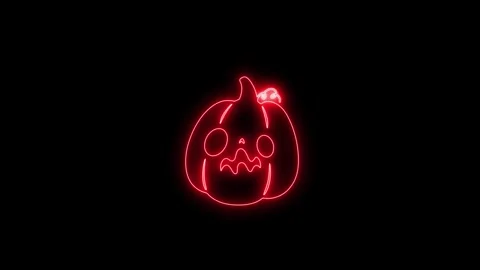 Glowing Red Neon Pumpkin Face Animation on Black Background 4K Stock Footage 341361117