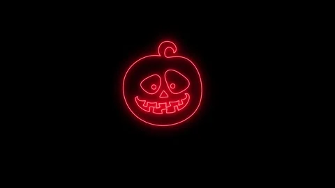 Glowing Red Neon Pumpkin Face Animation on Black Background 4K Video stock 341361120