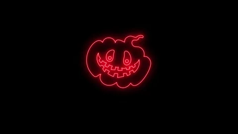 Glowing Red Neon Pumpkin Face Animation on Black Background 4K Stock Footage 341361122