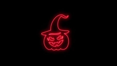 Glowing Red Neon Pumpkin Face Animation on Black Background 4K Stock Footage 341361123