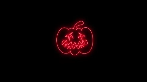 Glowing Red Neon Pumpkin Face Animation on Black Background 4K Stock Footage 341361125