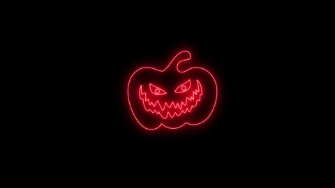 Glowing Red Neon Pumpkin Face Animation on Black Background 4K Stock Footage 341361126