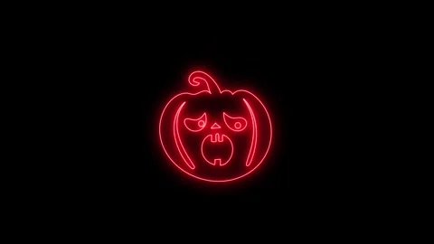 Glowing Red Neon Pumpkin Face Animation on Black Background 4K Stock Footage 341361129
