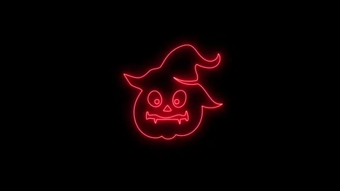 Glowing Red Neon Pumpkin Face Animation on Black Background 4K Stock Footage 341361130