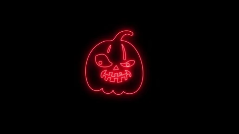 Glowing Red Neon Pumpkin Face Animation on Black Background 4K Stock Footage 341361137
