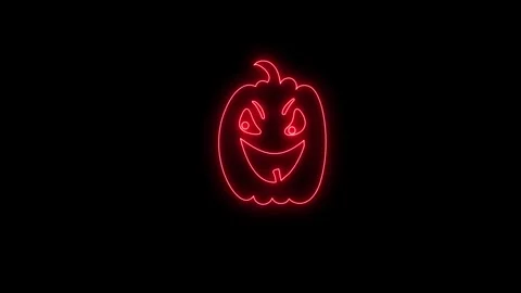 Glowing Red Neon Pumpkin Face Animation on Black Background 4K Video stock 341361143