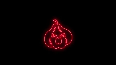 Glowing Red Neon Pumpkin Face Animation on Black Background 4K Stock Footage 341361145
