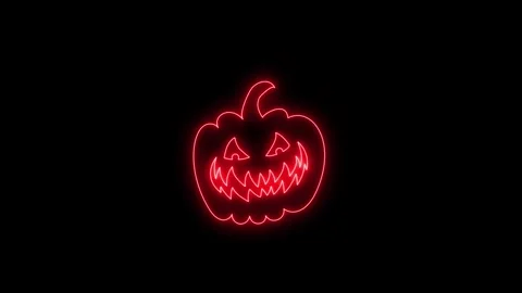 Glowing Red Neon Pumpkin Face Animation on Black Background 4K Stock Footage 341361146