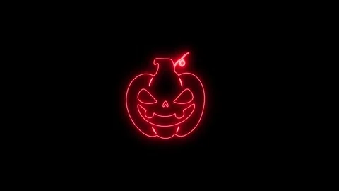 Glowing Red Neon Pumpkin Face Animation on Black Background 4K Stock Footage 341361153