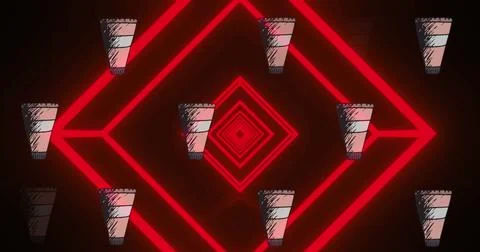 Glowing red nested diamond outlines pulsing in abstract black void, with Stock Illustration