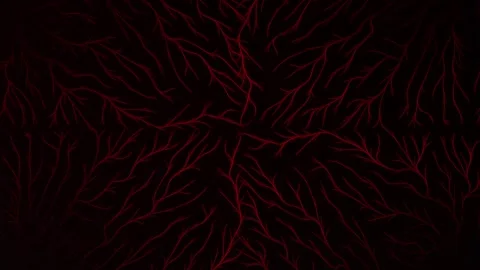 Glowing red neural branch pattern radiating symmetrically from dark center Stock Footage 309288320