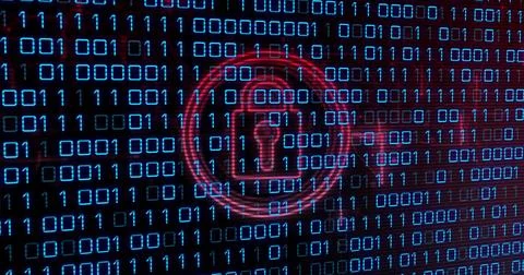 Glowing red padlock hovering over digital screen, with blue binary digits, grid 스톡 사진