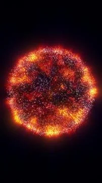 Glowing red particle sphere with bright fiery clusters on a black backgroun.. Stock Illustration