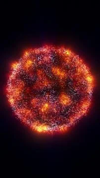 Glowing red particle sphere with bright fiery clusters on a black backgroun.. Stock Illustration