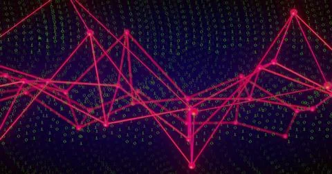 Glowing red-pink network of nodes and lines floating over navy data space, with 写真素材