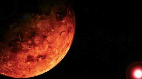 Glowing red planet with a cratered surface in deep space, with a bright lig.. Stock Footage 340388365
