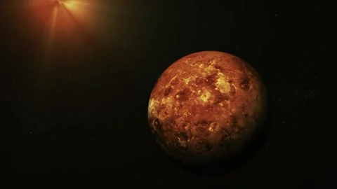 A glowing red planet floats in dark space with a bright sun flare and dista.. Stock Footage 340382922