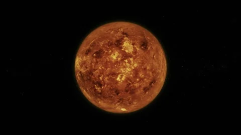 Glowing red planet isolated in dark space, showing a rocky surface and brig.. Видео 340388289