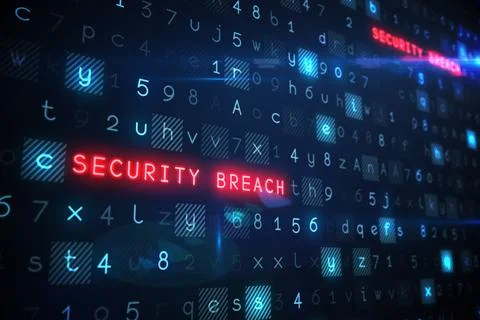 Glowing red SECURITY BREACH alert is floating over flat design code grid with Illustrazione stock