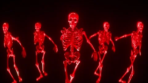 Glowing Red Skeletons Dance Energetically Against Dark Background, Creating.. Stock Footage 314068084