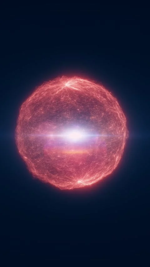 A glowing red sphere of interconnected lines and nodes surrounds a bright c.. 스톡 동영상 346025372