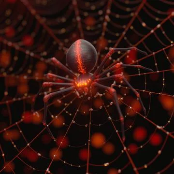 Glowing red spider in waiting on web 3D illustration Stock Illustration
