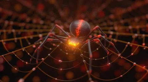Glowing red spider in waiting on web 3D illustration Illustrazione stock