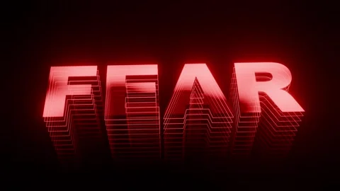 Glowing red text spelling fear with a digital glitch effect on a dark background Stock Footage 346096122