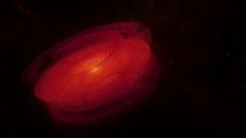 Glowing Red Unidentified Flying Object spinning on black Stock Footage 158109762