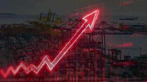 Glowing Red Upward Arrow Over Industrial Shipping Port Data Stock-Footage 336479133