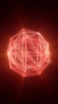 Glowing red wireframe polyhedron on a dark background, symbolizing digital .. Stock Illustration
