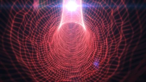 Glowing red wireframe tunnel with bright lens flare, forming a futuristic d.. Stock Footage 333597662