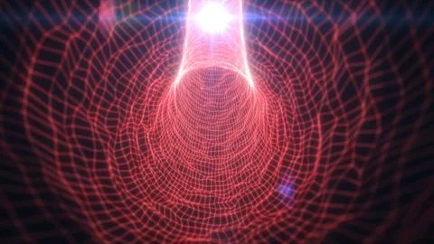 Glowing red wireframe tunnel with bright lens flare, forming a futuristic d.. Stockillustratie
