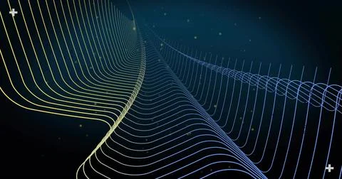 Glowing ribbon waveforms sweeping toward top center on data input, mapping tech 스톡 사진